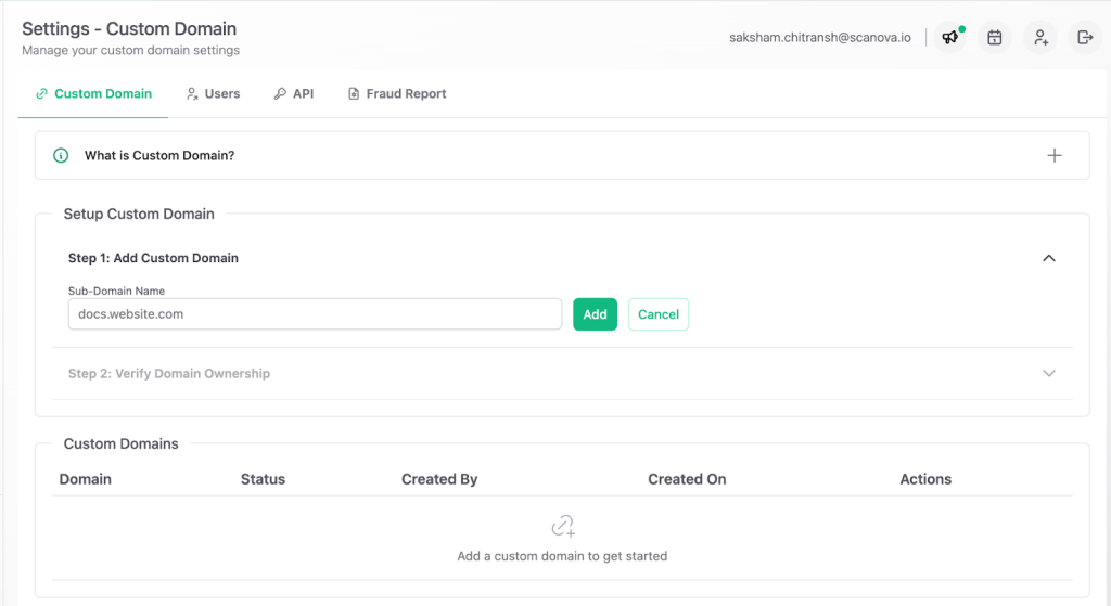 A screenshot of the custom domain feature dashboard of QR Mark
