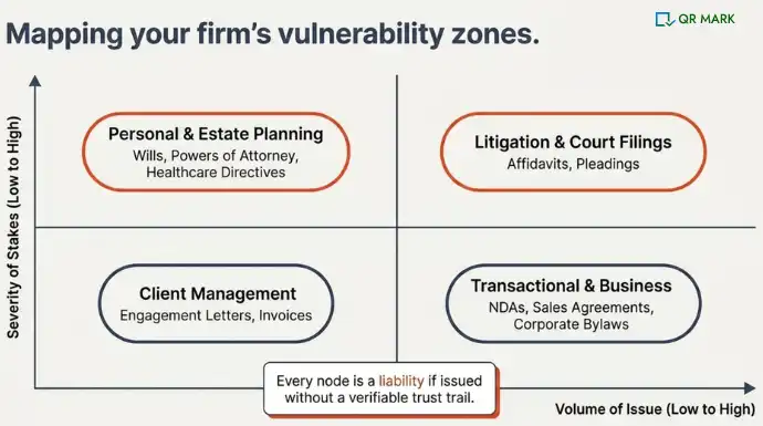 Quadrant chart mapping legal document risks by severity and volume, covering estate planning, litigation, client management, and business transactions.

