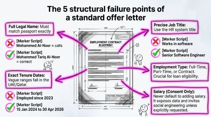 Diagram highlighting five critical verification elements in employment contracts, including legal name, job title, tenure dates, employment type, and salary details for compliance and fraud prevention.
