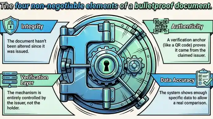 Infographic of a vault illustrating four essential document security elements:integrity, authenticity, verification layer, and data accuracy for fraud-proof document validation.
