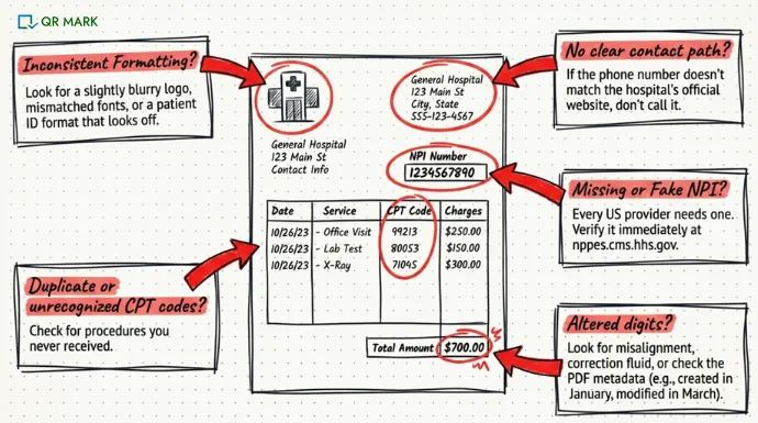 Annotated medical bill highlighting warning signs of fraud, including inconsistent formatting, fake contact details, invalid NPI numbers, unrecognized CPT codes, and altered billing amounts.
