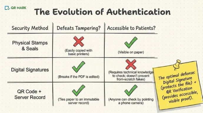Comparison table showing physical stamps, digital signatures, and QR code verification. The graphic evaluates each method&rsquo;s resistance to tampering and accessibility for patients.
