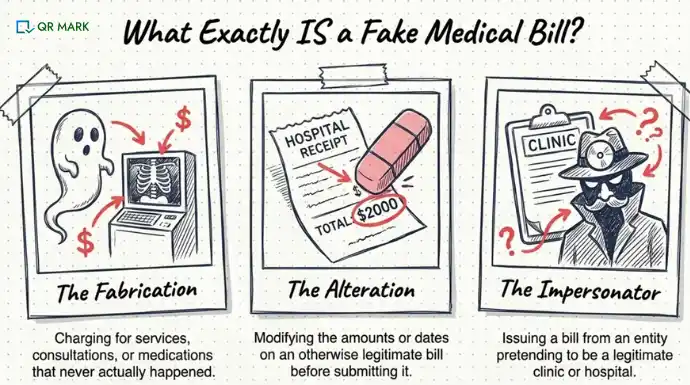 Three illustrated panels showing common forms of medical billing fraud: fabricated services, altered hospital receipts, and impersonated healthcare providers issuing fraudulent bills.
