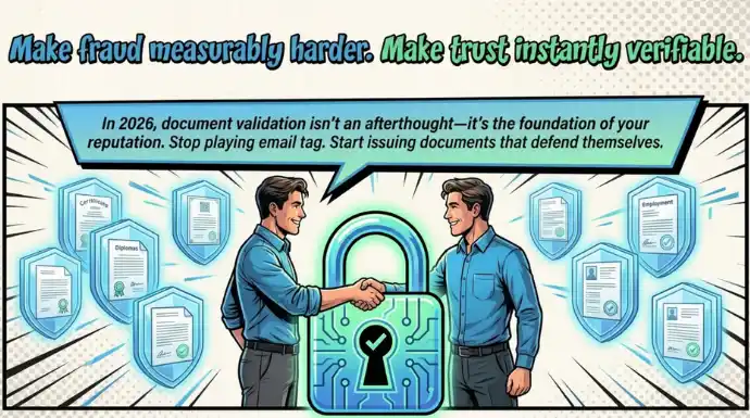 Illustration of two professionals shaking hands beside a digital lock, representing trusted automated document verification and secure fraud-resistant credential validation in 2026.
