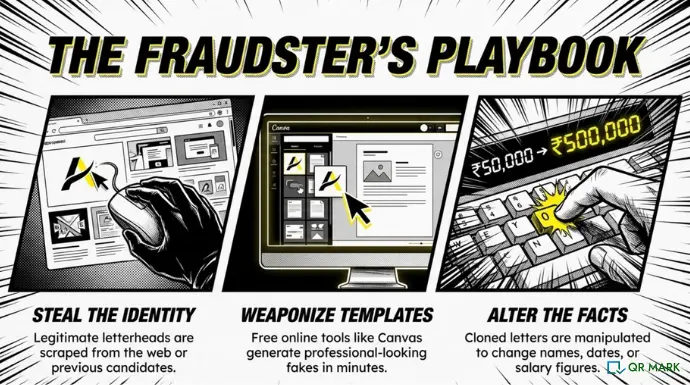 Comic-style &ldquo;Fraudster&rsquo;s Playbook&rdquo; graphic showing how scammers fake offer letters by stealing company identities, using online templates, and altering salary or employment details.
