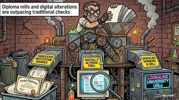 Illustration of a chaotic diploma fraud factory producing fake degrees, altered PDFs, and lookalike university URLs, highlighting how digital fraud is evolving faster than traditional verification checks.
