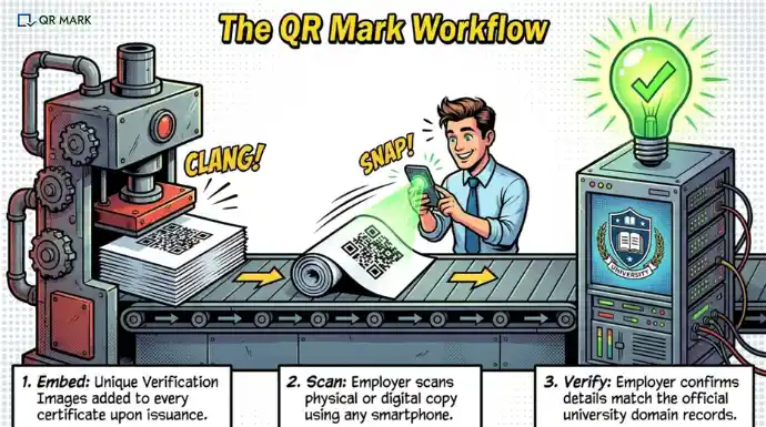 Comic-style workflow illustration showing QR-enabled certificate verification process, where certificates are embedded with QR Codes, scanned via smartphone, and instantly verified against official university records through a secure digital system.
