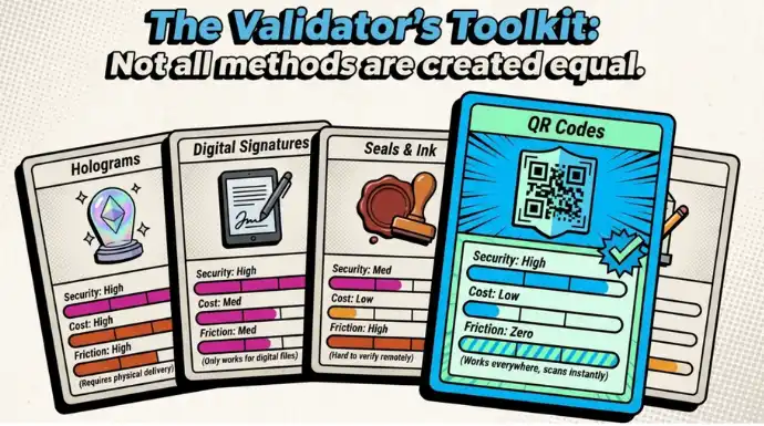 Comparison-style graphic displaying document verification methods including holograms, digital signatures, seals, and QR codes, highlighting QR codes as low-friction, high-security validation tools
