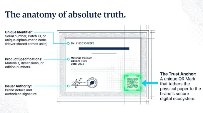 Annotated certificate of authenticity highlighting key trust elements, including a unique identifier, product specifications, issuer signature, and a QR Mark code linking the physical certificate to a secure digital verification platform.
