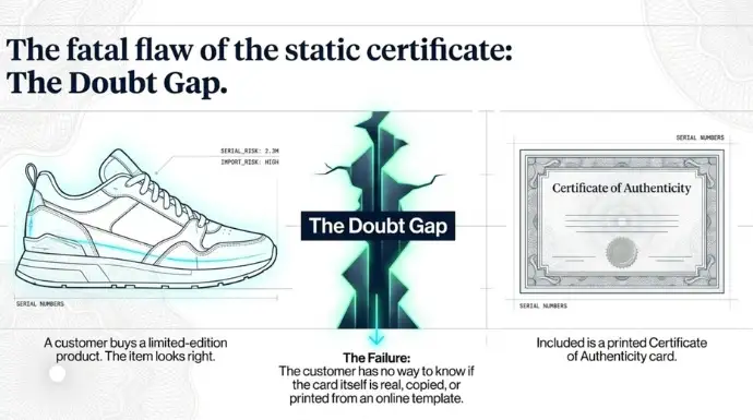 Diagram illustrating the “Doubt Gap” between a limited-edition product and a printed certificate of authenticity, showing how static certificates can be copied or forged without a reliable method of verification.