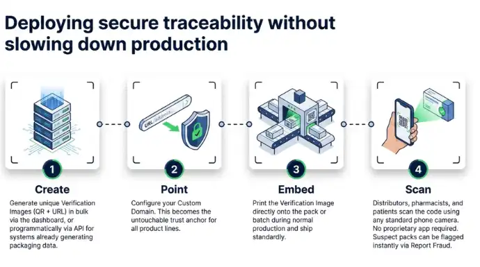 Four-step workflow diagram showing pharmaceutical QR code implementation: create verification records, configure a custom verification domain, embed QR codes on medicine packaging during production, and scan products using any smartphone camera for authenticity verification.