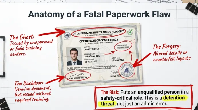 An annotated maritime competency certificate highlighting fraud risks, including fake training institutes, forged details, unauthorized issuance, and safety concerns associated with unqualified personnel in critical maritime roles.