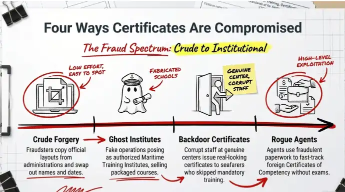 Infographic illustrating four types of maritime certificate fraud: crude forgery, ghost institutes, backdoor certificates, and rogue agents, showing how fraudulent credentials are created and exploited.