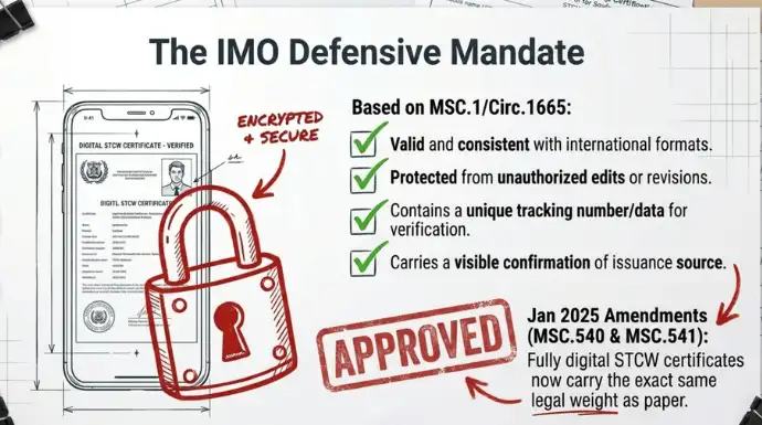 Infographic explaining IMO-compliant digital STCW certificates, featuring a secure mobile certificate, encryption, unique verification data, tamper protection, and approval under updated 2025 maritime regulations.