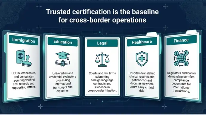 Infographic showing industries relying on trusted translation certificates, including immigration, education, legal, healthcare, and finance, with icons representing each sector and their need for verified translated documents.