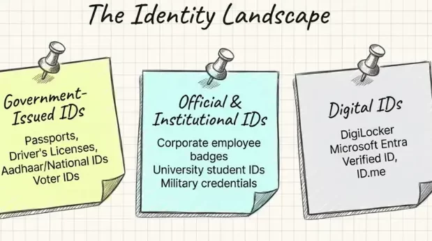 Diagram titled &ldquo;The Identity Landscape&rdquo; categorizing identification types into government-issued IDs, institutional credentials, and digital identities, with examples including passports, employee badges, student IDs, DigiLocker, and verified digital ID platforms.