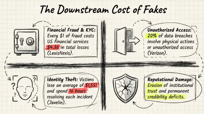 Infographic illustrating the consequences of fake IDs, including financial fraud, unauthorized access, identity theft, and reputational damage, supported by icons, statistics, and visual sketches of security-related risks.