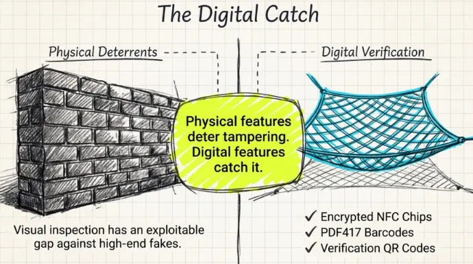 Comparison between physical and digital ID security measures, showing a brick wall representing visual inspection and a net symbolizing digital verification through encrypted NFC chips, PDF417 barcodes, and verification QR codes.