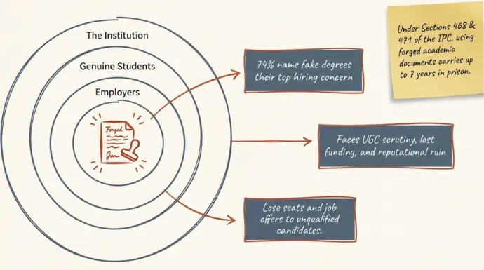 Illustration showing how forged academic credentials affect students, employers, and educational institutions. Callouts highlight hiring risks, reputational damage, regulatory scrutiny, funding loss, and legal consequences associated with fake degrees and marksheets.