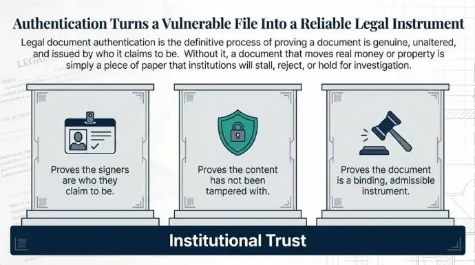 Illustration explaining legal document authentication with three pillars showing identity verification, document integrity, and legal validity. The graphic emphasizes that authentication transforms a vulnerable file into a trusted legal instrument for institutional use.