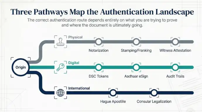 Flowchart showing three authentication pathways from a common origin: physical methods like notarization, digital methods including DSC tokens and Aadhaar eSign, and international authentication through Hague Apostille and consular legalization.