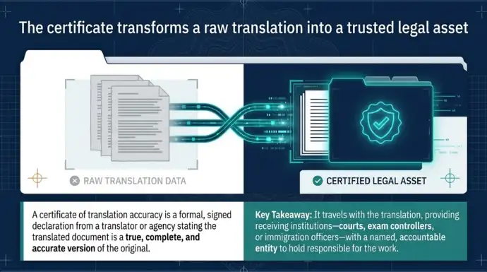 Illustration explaining how a certificate of translation accuracy transforms a translated document into a trusted legal asset, emphasizing authenticity, accountability, and acceptance for legal, immigration, and official cross-border processes.
