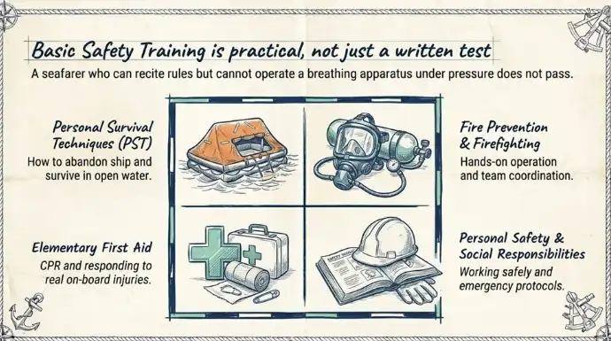 Infographic showing the three STCW certificate requirements: accredited safety training, valid medical fitness certificate, and identity documents including passport, INDoS card, and CDC.