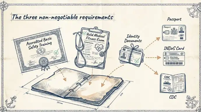 Infographic showing the three STCW certificate requirements: accredited safety training, valid medical fitness certificate, and identity documents including passport, INDoS card, and CDC.