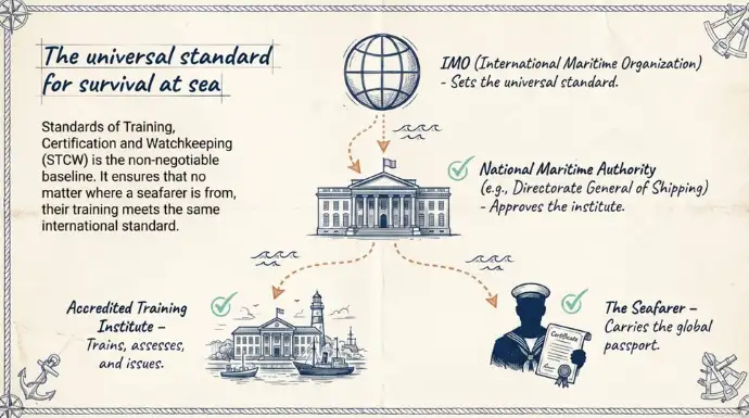 Infographic illustrating the four mandatory STCW Basic Safety Training modules: Personal Survival Techniques, Fire Prevention and Firefighting, Elementary First Aid, and Personal Safety and Social Responsibilities.