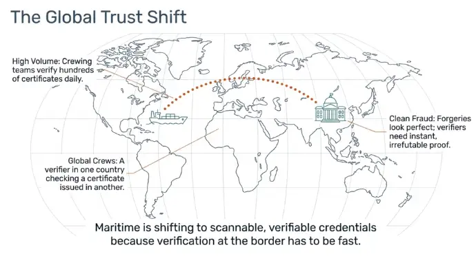 Illustration showing global maritime certificate verification with cross-border credential checks, highlighting the need for fast, QR code-based verification to prevent certificate fraud.