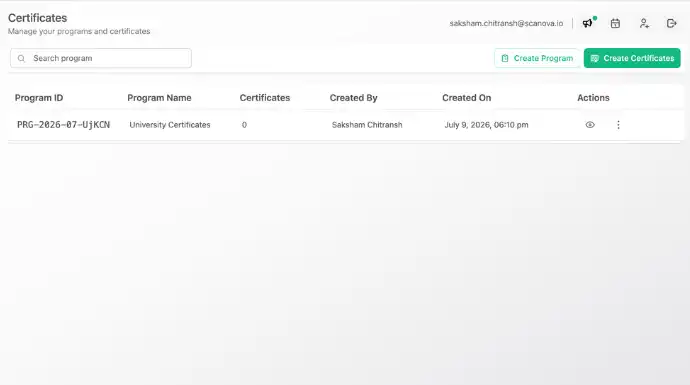 QR Mark certificate management dashboard displaying certificate programs, creation dates, certificate counts, and options to create programs or issue certificates.