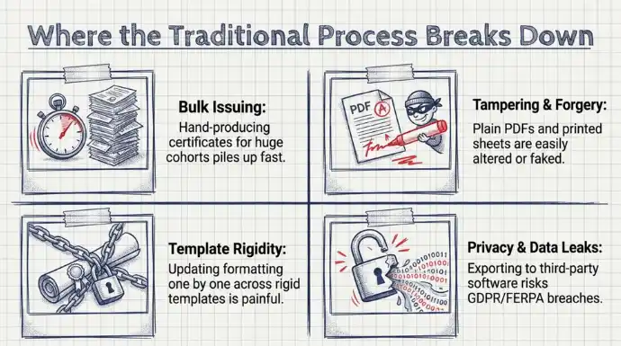 Infographic outlining challenges in traditional provisional certificate issuance, including bulk processing, document forgery, rigid templates, and privacy risks from third-party software.