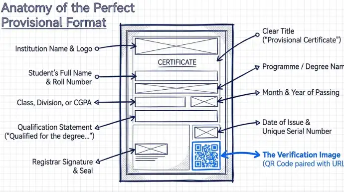 Diagram showing the anatomy of a provisional certificate, highlighting key fields including institution details, student information, qualification, signatures, serial number, and a QR code verification image for instant authenticity checks.