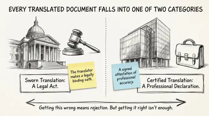 Side-by-side comparison of sworn translation as a legal act and certified translation as a professional declaration, highlighting their different legal purposes and certification methods.