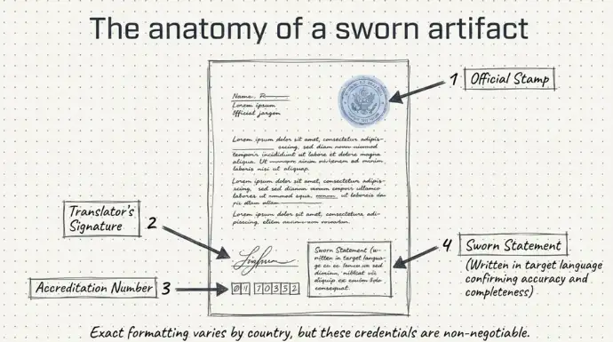 Diagram explaining the key elements of a sworn translation, including the official stamp, translator's signature, accreditation number, and sworn statement.
