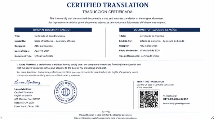 a translation certificate with a QR Code.