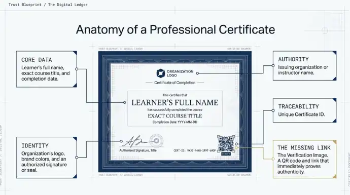 Illustration highlighting essential certificate elements, including learner details, organization branding, authorized signature, certificate ID, and QR code verification for authenticity.