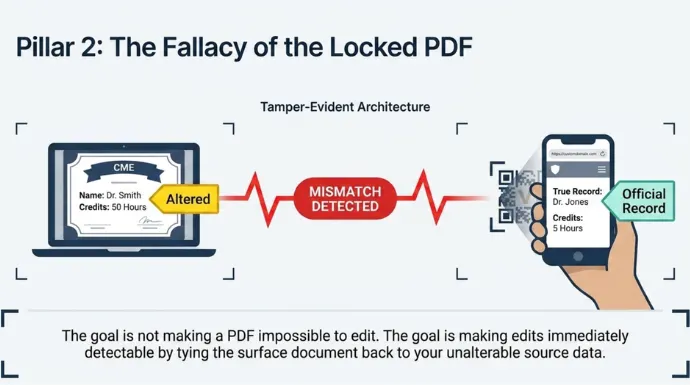 Illustration showing how QR code verification detects tampered CME certificates by comparing altered documents with the official verification record.