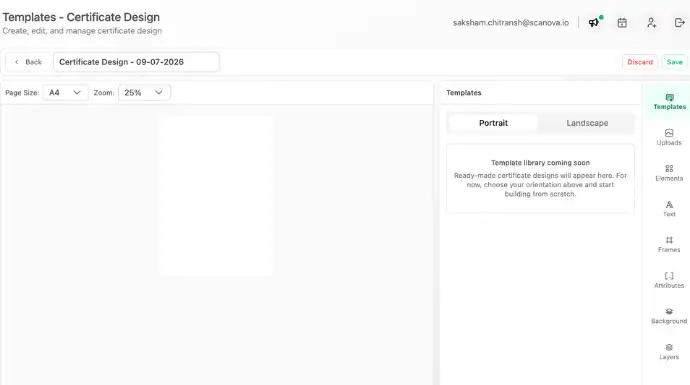 QR Mark certificate template editor interface for designing digital certificates with customizable layouts, templates, text, elements, and verification QR codes.