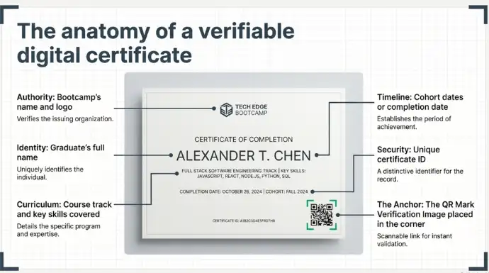 Anatomy of a verifiable digital bootcamp certificate showing graduate name, course skills, completion date, certificate ID, and QR code verification.
