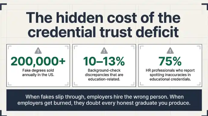Credential fraud statistics showing fake degrees, education-related background check discrepancies, and inaccurate educational credentials.
