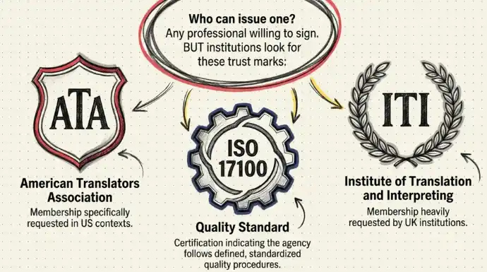 Graphic highlighting trusted translation credentials, including ATA membership, ISO 17100 certification, and ITI membership, commonly recognized by institutions.