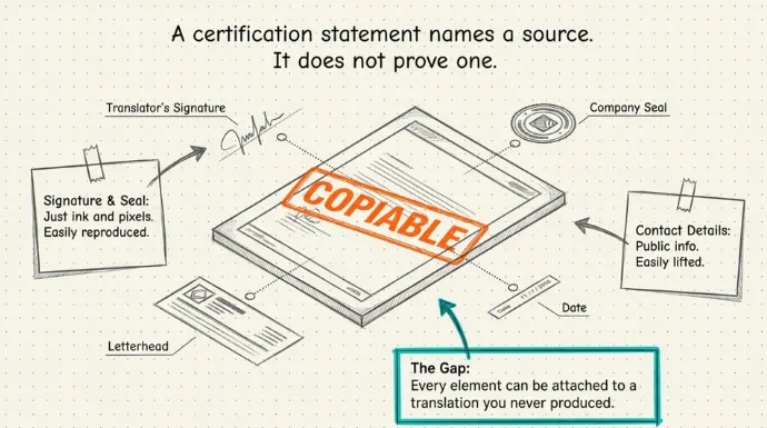 Illustration showing how signatures, seals, letterheads, and contact details on a translation certificate can be copied, highlighting that a certification statement identifies a source but does not prove authenticity.