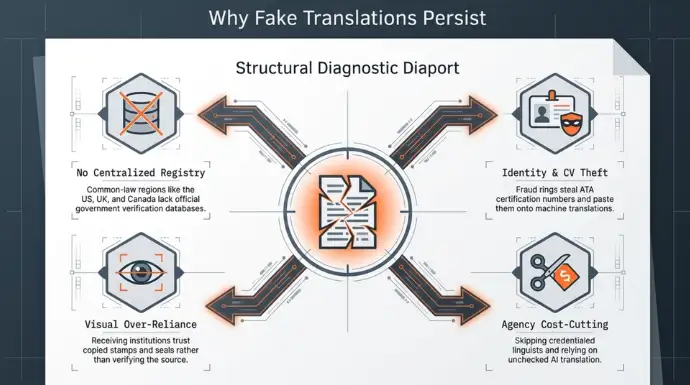 An infographic highlights four causes of fake translations: no centralized registry, identity theft, visual over-reliance, and agency cost-cutting.

