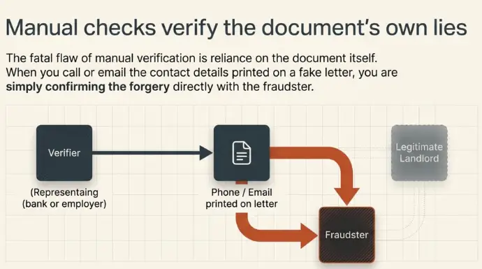 Diagram showing how manual document verification can accidentally confirm a forgery by relying on contact details printed on a fake document.
