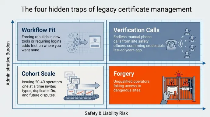 Infographic highlighting four challenges of legacy machine operator certificate management: workflow friction, manual verification calls, bulk issuance errors, and certificate forgery risks.