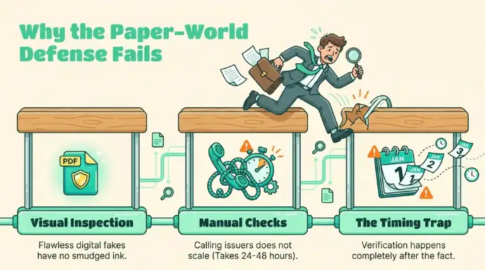 Illustration explaining why traditional document fraud defenses fail, highlighting visual inspection, manual checks, and delayed verification.