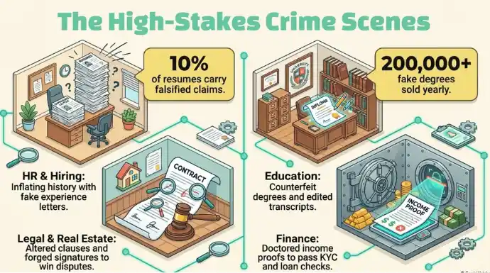 Illustration highlighting document fraud across HR, education, legal and real estate, and finance, with examples of fake credentials, altered contracts, and false financial documents.
