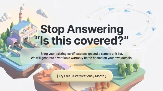 Isometric factory landscape with the headline &ldquo;Stop Answering &lsquo;Is this covered?&rsquo;&rdquo; and a message promoting verifiable warranty batches hosted on a company&rsquo;s own domain, with a free verification CTA.